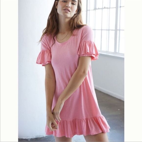 Sundry Casiano T Shirt Dress Ruffle Sleeve Pullover Crew Neck Solid Pink Size S - Picture 1 of 8